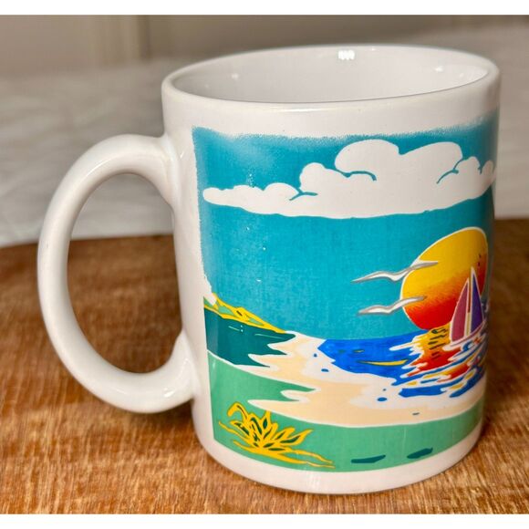 Vtg. Retro 1990s ERCO Emerald Isle, NC Coffee Mug Lighthouse Boat Beach Coastal - Picture 5 of 7